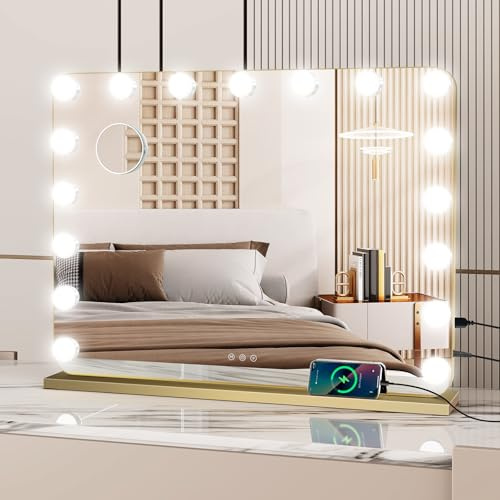 YU YUSING Hollywood Vanity Mirror with Lights, 80x60 cm Large Lighted Makeup Mirror with 18 Dimmable LED Bulbs, USB Charging Ports, 3 Color Modes, Touch Control, for Tabletop or Wall Mounted, Gold