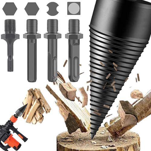 Bebochoi Holzspalter Bohrer Set 50mm, Holzspaltbohrer mit 4 Bohrgriffe, Holzspalter Bohrersatz, Brennholzspalter Bohrer, Kegelförmiger Holzspalterbohrer, für Elektrischen Hammer, Schlagbohrmaschine