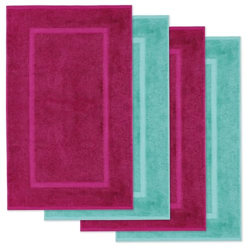 Lavea® 4er Set Badematte, Badteppiche 50×80 cm, Badvorleger rutschfest, 100% Baumwolle Frottier, 800 g/m² extra saugstark, waschbar 60°C, Serie Elena, Badvorleger, 4er Set, Bordeaux, Türkis