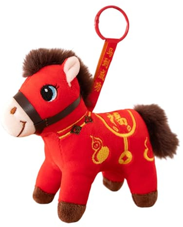 Cheval en peluche du Nouvel An chinois 2026 - Porte-clés en peluche doux et mignon - Peluche décorative portable - Coutures fines - Ornement sur le thème de l'année - Breloque pour sacs, tables,