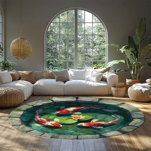 UERWOWELL Koi-Fisch-Rundteppiche 100cm mit Lotus-Teich-Orientalischen Karpfen-Kunst Niedrigflor-Teppich Chinesisches Neujahr Frühlings-Bodendekoration für Wohnzimmer und Schlafzimmer