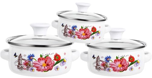 minkissy Lot de 3 Casseroles Émaillées Double Poignée et Fond Plat, Pot Cuisine Léger et Flexible, pour Préparer des Soupes Chaudes et Bouillir des Œufs