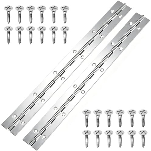 2PCS Piano Hinges, Stainless Steel Continuous Pianos Metal, 12inch Heavy Duty Piano Hinges with Holes and Screws, Stainless Steel Hinges Piano for Pianos, Cabinet Doors, Windows, Boats