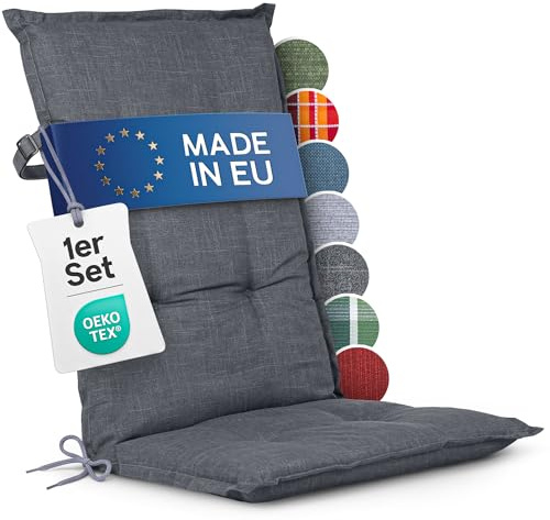 Hochlehner Auflagen 1er Set - 120x50 cm - Gartenstuhlauflagen Sitzauflagen - Oeko-Tex zertifiziert - Hochlehner Polster - Gartenstuhl Stuhlauflagen mit Befestigung - Made in EU - Antrazit