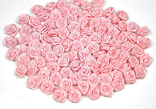 Rosen 15 mm x 100 Stück Satinrosen Aufnäher Deko Blumen Röschen zum Basteln Haarschmuck kleine Rosenköpfe Farbe: zartrosa 123