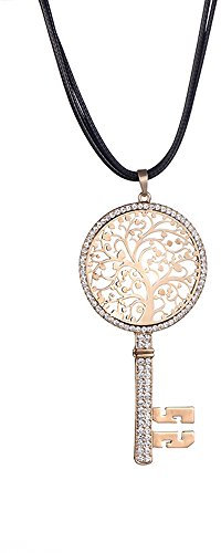 Collier pour les femmes, arbre celtique de la vie collier pendentif clé avec CZ cristal filles collier de cordon de cire longue brillant collier strass (Plaqué or)
