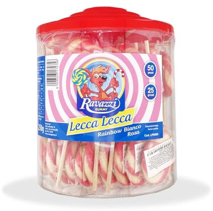 Lecca Lecca Rainbow Rosa Bianco. Confezione da 50pz x 25gr Ravazzi Gummy. Ideale per Feste di Compleanno e Caramellate.