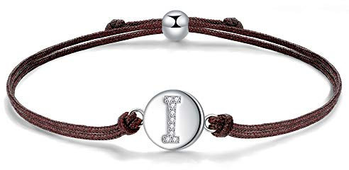 J.Endéar Kordelarmband mit Buchstabe I für Damen Silber 925, Zirkonia Armband Mädchen, Verstellbares Armband Jungen Schmuck