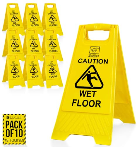 Pack of 10 Wet Floor Sign With “Caution Wet Floor” Imprint on Bright Yellow Portable and Durable A-Frame Safety Cone (10)