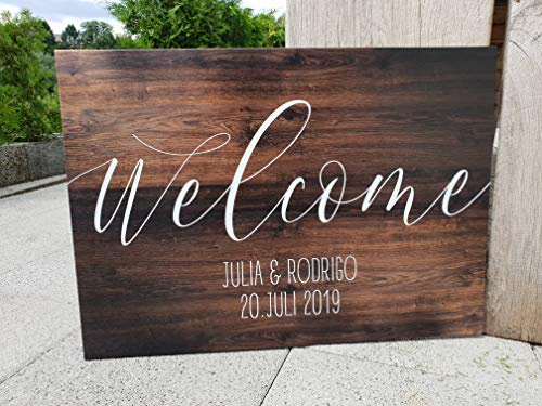 Manschin-Laserdesign Cartello di benvenuto personalizzabile, realizzato in Germania, Welcome Benvenuto per matrimonio, stile rustico (50 x 35 cm)