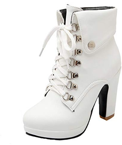 LUXMAX Stivali da Donna Tacco Alto Blocco Grosso Stringati Stivaletti alla Caviglia con Plateau Moda (Bianco) - 40 EU