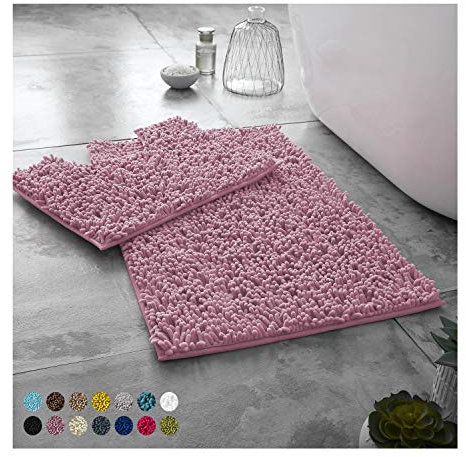 Lions Luxury 2 Piece Loop Bath Mats for Bathroom - Non Slip Chenille Bath Mat Set Rugs, Extra Soft with Water Absorbent Pedestal Bathmat Shower Toilet Mat, Blush Pink