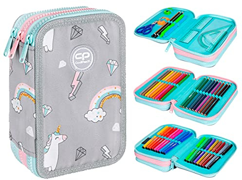 COOLPACK 3-FACH Mäppchen Federmappe Federtasche XXL Federtasche Federmappe Federmäppchen 44-teilig gefüllte Schüleretui 3-stöckig 19,5 x 12,5 x 6,5 cm Junge Mädchen (Einhorn)