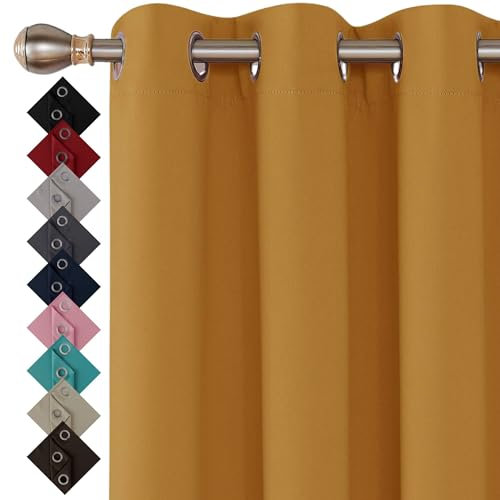Thermal Insulated Blackout Ring Top Eyelet Curtains for Bedroom Windows 90 x 90 Inches Ochre 2 Panels (90”(228cm) wide x 90”(228cm) long, Ochre)