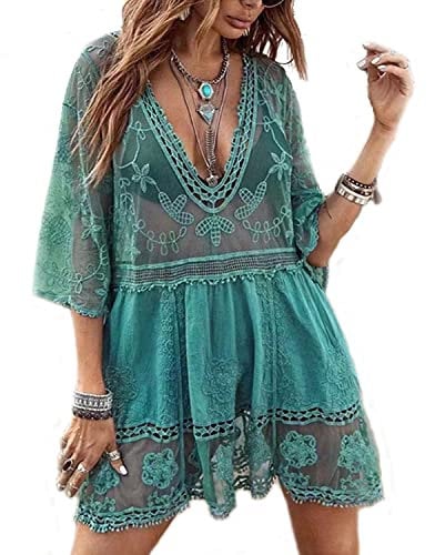 Womens Beach Dresses Crochet Lace Bikini Cover Up See Through Hollow Out Floral Beachwear 3/4 Sleeve Green
