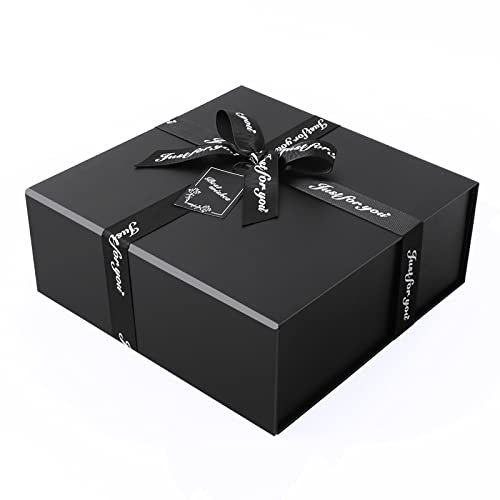 JiaWei Geschenkbox 21 x 19 x 8,8 cm Extra Klein, Geschenkkarton mit Magnetisch Deckel & Kreuzförmige Schleife, mit Grußkarten & Seidenpapier - Schwarz (Stil-2)