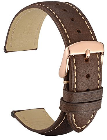 WOCCI 20mm Vintage Leder Uhrenarmband mit Roségoldener Schnalle, Ersatz Armbanduhr (Dunkelbraun mit Beige Nähten)