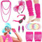 19Pcs Ladies 80s Accessories, Pink 80s Fancy Dress for Women with Lightning Earrings Necklace Fishnet Gloves Headband for Retro Parties Hen Do Parties Girls Kids