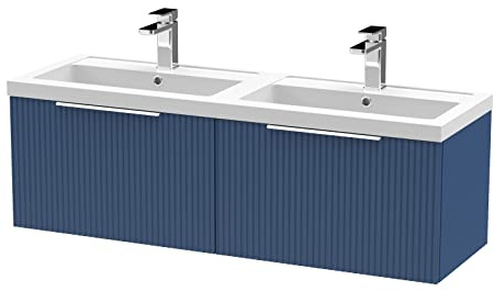 Hudson Reed DFF394C Fluted Modern Bathroom Wall Hung 2 Drawer Double Vanity Basin Unit with Twin Polymarble Basin, 1200mm, Satin Blue