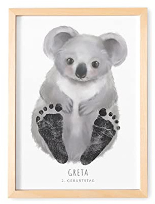 DEL MÀ Unique & Personal Baby Fußabdruck Bild Mit Rahmen Personalisiertes Tier Poster Für Babyzimmer Kinderzimmer (OHNE FARBE) (Koala, DIN A3 | Fußlänge 9-16cm | Alter 6 Mon. - 4 Jahre)
