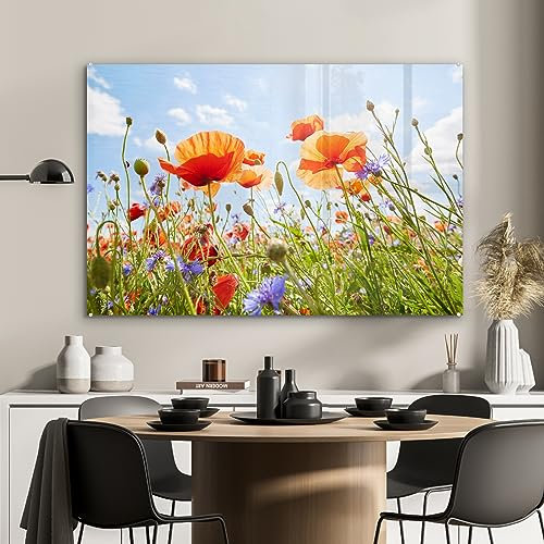 MuchoWow Glasbild Glasfoto Wandbild Bilder Deko 120x80 cm Blumen - Mohn - Frühling - Natur - Rot - Blau