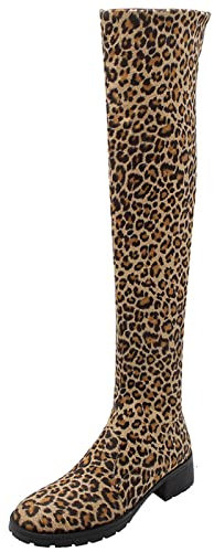 MJIASIAWA Donna Numero Zip Sopra Il Ginocchio Stretchy Boots Moda Tacco A Blocco Pelle Lined Inverno Comodo Warm Suede Stivali Lungo Leopard/Rl Numero 36 Eu