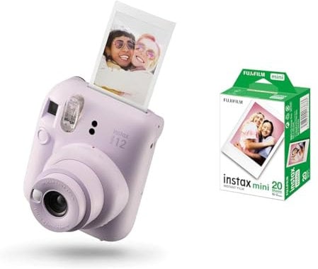 instax mini 12 instant film camera, auto exposure with Built-in selfie lens, Lilac Purple & Fujifilm mini instant film White Border, 20 shot Pack, suitable for all mini cameras and printers