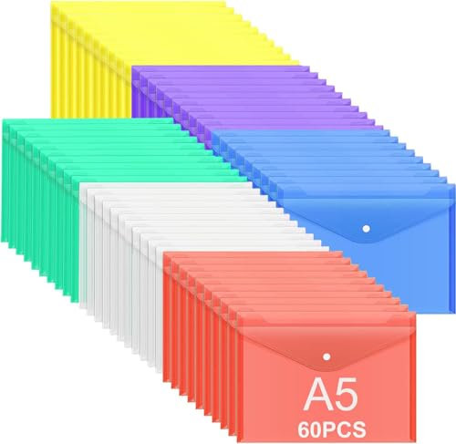 ASelected 60 Stück Dokumentenmappe mit Druckknopf A5 Dokumententasche Transparent Sichttasche Sammelmappe A5 Druckknopf für Organizer Dokumente - 6 Farben
