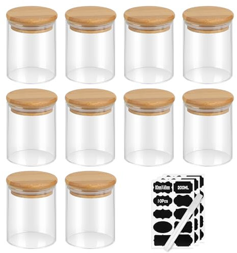 efuturetime 10stk. 200ml Vorratsgläser Glas Rund, φ6.5 * 8.8cm, Vorratsdosen Glas mit Bambusdeckel Luftdicht, gewürzgläser glas set, glasbehälter mit Etikette für Cerealien, Nuss, Pulver