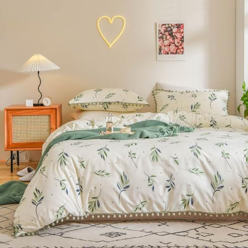Freyamy Bettwäsche 135x200cm 2teilig Weiß Grün Blumen Pompons Wendebettwäsche Microfaser Weiche Bettwaren-Sets Romantisch Mädchen Bettbezug mit Reißverschluss und Kissenbezug 80x80cm