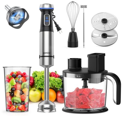 Ganiza 7 in 1 Immersion Blender with 1000W Heavy Duty Motor, 15 Speeds and Turbo Mode Stainless Steel Hand Blender with 1500ml Food Processor and Other 6pcs