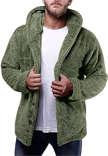 ZTRADA Mens Sherpa Coat Jacket Long Sleeve Warm Teddy Fleece Hooded Hoodies Sweatshirt Pullover Men Buttons Open Front Chunky Warm Sweater Jumper Cardigan Army Green UK Size 14