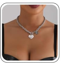 TseenYi Punk Herz Scheibe Toggle Halskette Chunky Silber Kette Choker Halskette Vintage Scheibe Anhänger Ot Halskette Herz Liebe Verschluss Halskette Dicke Kette Halskette Schmuck Für Frauen