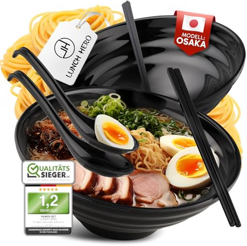 LunchHero® Ramen Schüssel Set - Ramen Bowl Schüssel 1000ml aus Melamin - Ramen Set Geschirr mit großer Suppenschüssel - Japanisches Geschirr Set - Ramen Schale Set mit Rezepte eBook - 2er Set