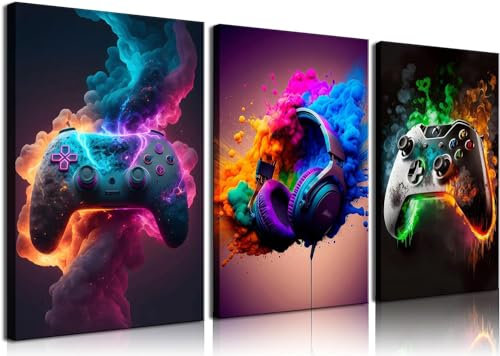 BGFCE Gaming-Raum-Dekor-Wandkunst, Videospiel-Themen-Dekor, Spielzimmer-Wandkunst, Gaming-Leinwandposter für Teenager, Jungen, gerahmt, 40,6 x 61 cm, 3 Stück