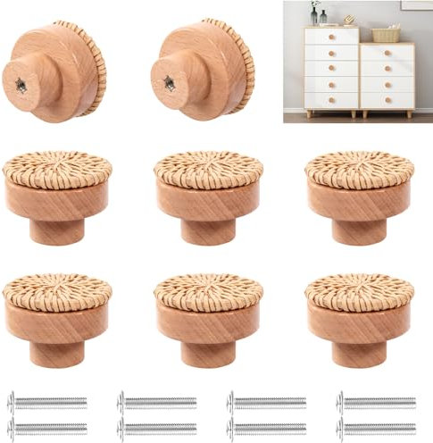 Vueinrg 8 Piezas Tiradores Madera de Muebles 40 x 30mm Pomos Madera de Ratán Riradores Cajones Madera con Tornillos para Muebles, Armarios, Cajones, Cocina