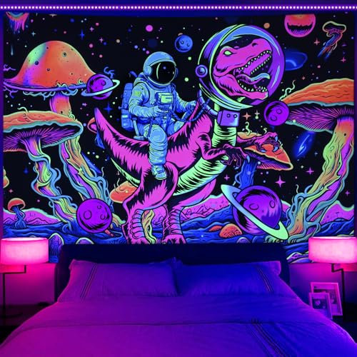 Invoibler Schwarzlicht-Dinosaurier-Wandteppich, UV-reaktiver Weltraum-Astronauten-Tapisserie, Pilz-Wandteppich, Neon-Galaxie, Planet, Wandteppich, Sterne, Wandbehang für Schlafzimmer (150 x 150 cm)