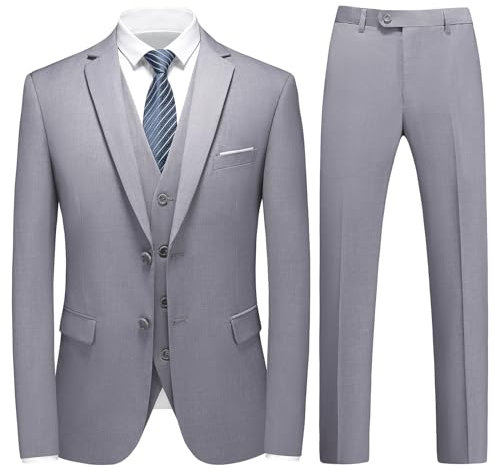 KUDMOL Costume Homme Mariage 3 Pièces Slim Fit Business à Deux Boutons Smokimg Couleur Unie Costumes Blazer Veste et Pantalon Gilet(Gris Clair,3XL)