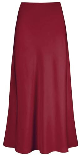 Genfien Women's Skirts High Waist Hidden Elasticized Waistband Midi Skirts Midi Long Length Silk Satin Lightweight Unlined Wine Red