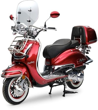 Burnout Motorroller 125cc EasyCruiser Rot, Euro 5, Einspritzmotor 9 PS (6,3 kW), 85 km/h, Windschild, USB-Anschluss, Topcase, LED, Zweisitzer, Weißwandreifen, Chrompaket