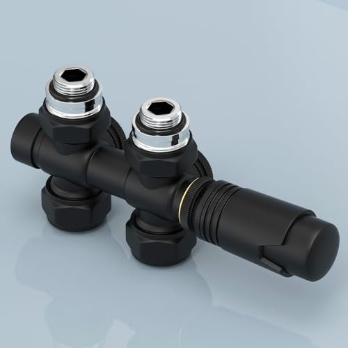 EMKE Multiblock Set für Heizkörper mit Thermostat, Hahnblock Eck und Durchgangsform Ventilhahnblock Mittelanschluss Heizkörperventil mit 50 mm Nabenabstand für Kunststoff (φ16 mm* G1/2 Schwarz)