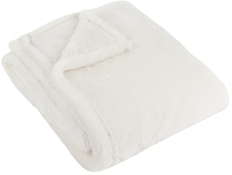 furn. Kallu Throw (Ecru-150x200cm) | Double Sided Faux Fur Wide Oxford Border Soft Cosy Contemporary Earthy Blanket