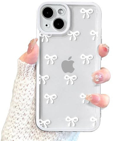 EYZUTAK Case for iPhone 13, Clear Cute Ribbon Bowknot Pattern Aesthetic Transparent Phone Case Raised Camera Protection Stylish Slim Soft Durable TPU Protective Cover for Women Girls - White