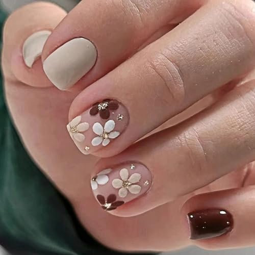 24-Piece Square Short Press-On Fake Nails, with Removable Adhesive, Cute Flower, Petite Short Coffin Style, Brown Floral Stick-On Nails for Women