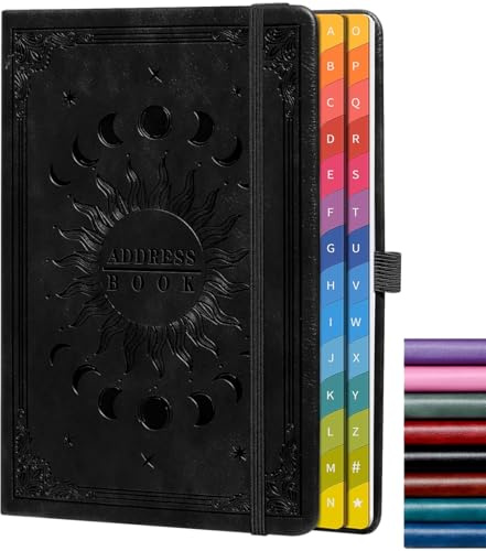 Adressbuch mit farbigen alphabetischen Registerkarten (21,3 x 14,5 cm) – Hardcover-Kontaktorganizer für Website-Passwörter, Telefon, Softwarelizenzen und wichtige Informationen – Schwarz