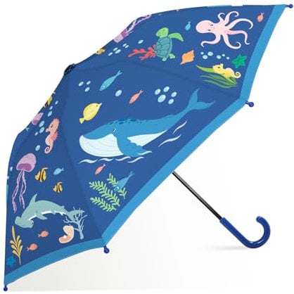 decalsweet Regenschirm Kinder Stockschirm mit Schirmhülle, Windsicher Robustheit Regen Regenschirm, Faltbarer Kinderschirm Taschenschirm für Junge Mädchen Leicht zu Transportieren, Meereswelt