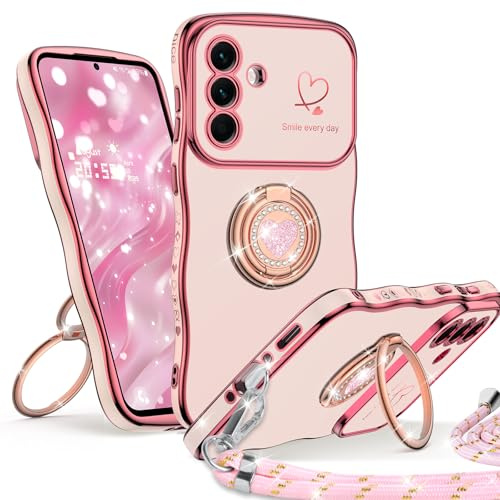 Unlicaku für Samsung Galaxy A56 /A36 5G Hülle mit Band, Herzen Doppelring Ständer Handyhülle, Frauen Dünn Stoßfeste Süßer Gewellter Rahmen Luxus Soft SchutzHülle für Galaxy A56 / A36 Case, Rosa