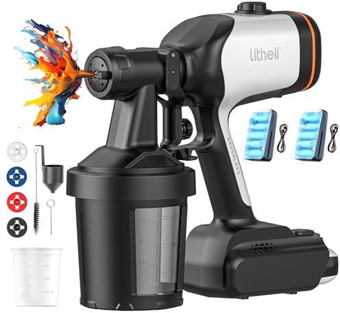 Litheli Akku Farbsprühsystem, Elektrische HVLP Lackierpistole mit bürstenlosem Motor, 3 Sprühmuster, 4 Düsen, 2×800 ml Farbbehälter, inkl. 2×4,0 Ah Akku, ideal für Holzlasur und Wandfarbe