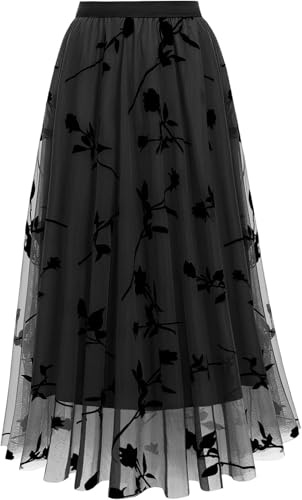 comefohome Skirts for Women UK Elasticated Waist Midi Length Pleated Tulle Skirt A Line Floral Long Summer Skirts Black L-XL