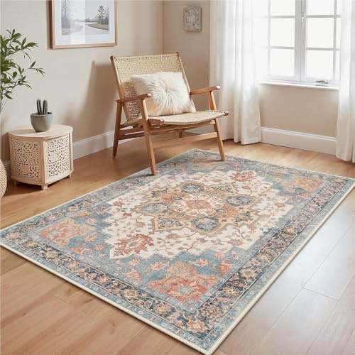 GENIMO Vintage Wohnzimmer Blau Teppich 120x170cm Waschbar & rutschfest | Waschbarer Retro Teppich,Weich,Rutschfest Kurzflor,für Wohnzimmer,Schlafzimmer, Esszimmer,Büro,Carpet,Teppiche